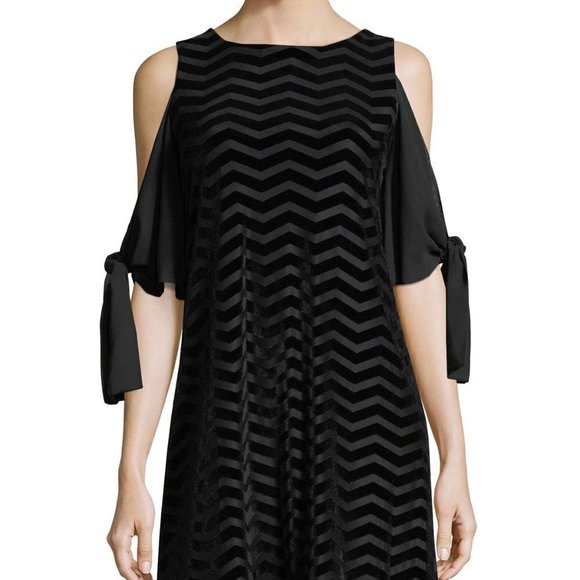 Women's Taylor Black Cold Shoulder Velvet Striped Chiffon Sleeve Dress, Size 8 - Picture 1 of 8